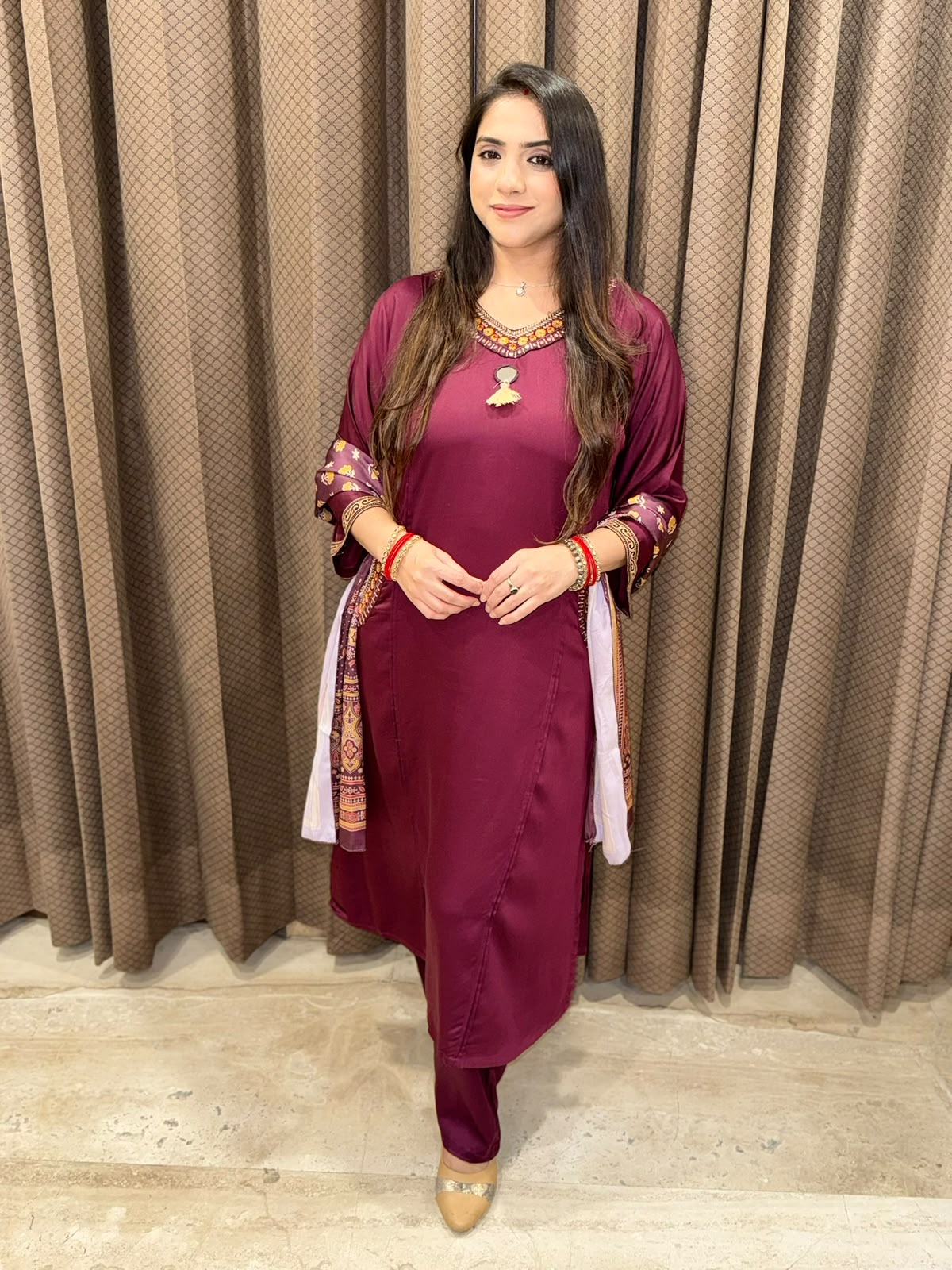 Maroon A line suit with pocket design & Printed dupatta