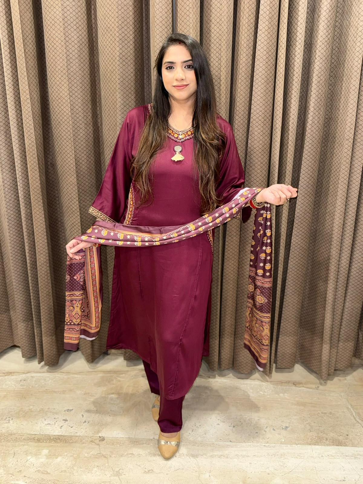 Maroon A line suit with pocket design & Printed dupatta