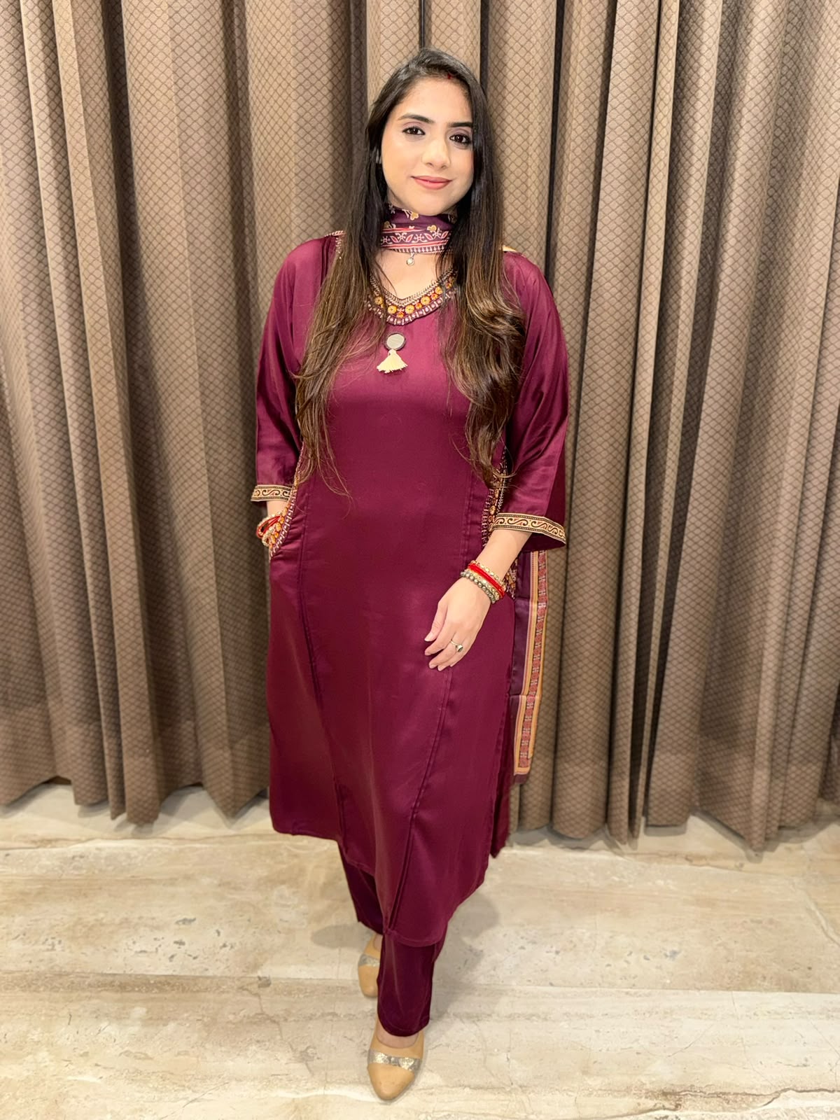 Maroon A line suit with pocket design & Printed dupatta