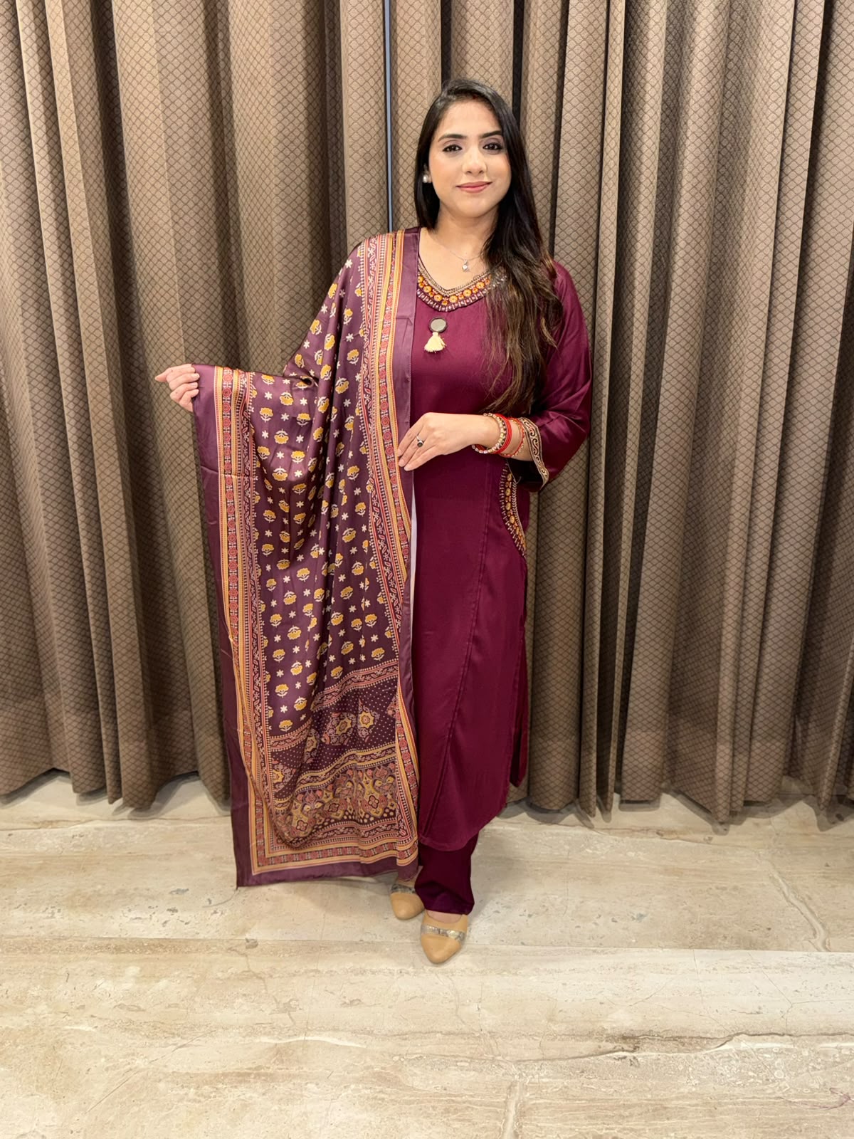 Maroon A line suit with pocket design & Printed dupatta
