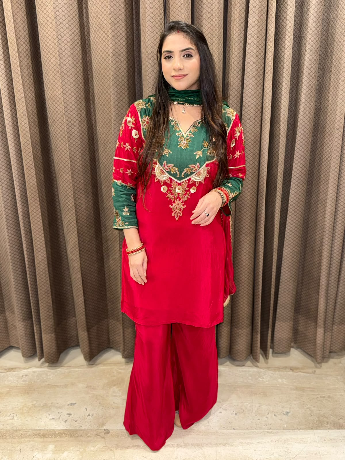 Red & Green Designer Plazoo set with ombre dupatta & handwork