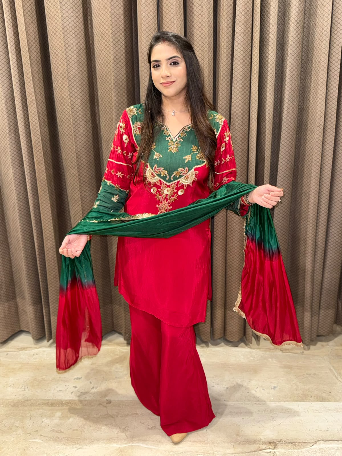 Red & Green Designer Plazoo set with ombre dupatta & handwork