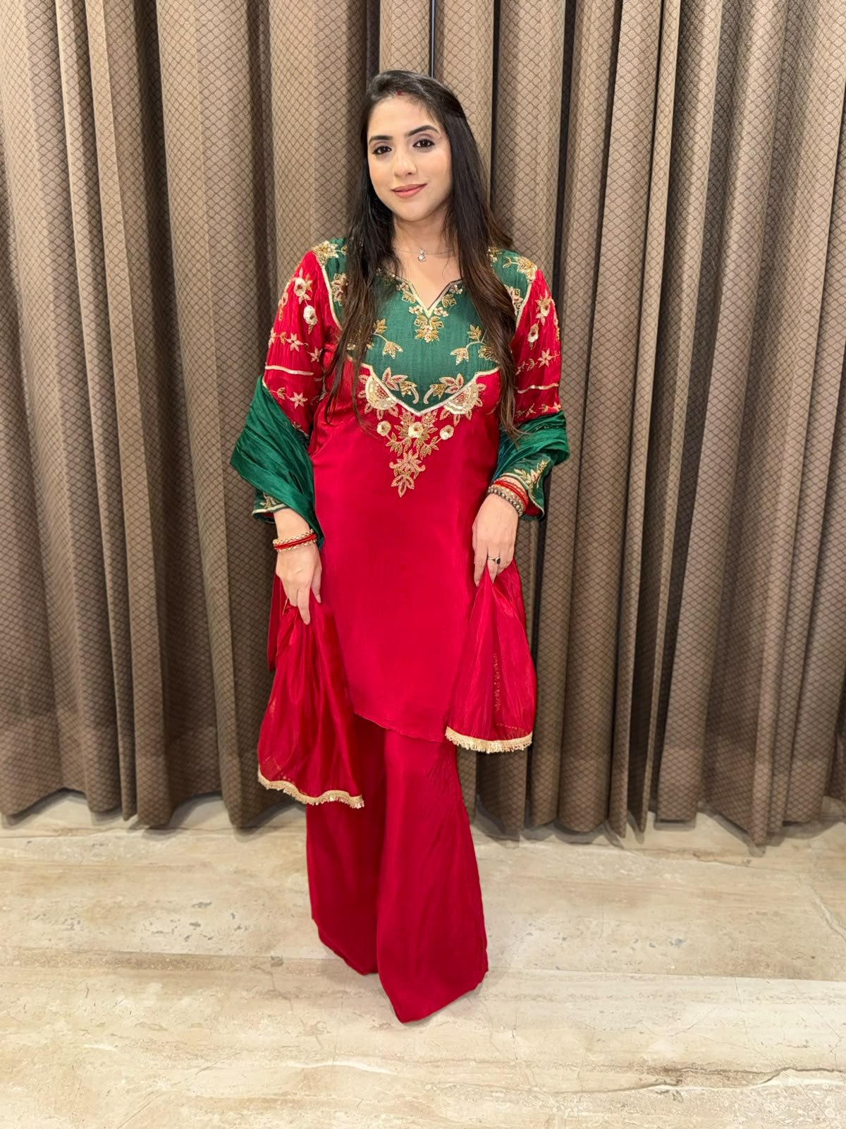 Red & Green Designer Plazoo set with ombre dupatta & handwork