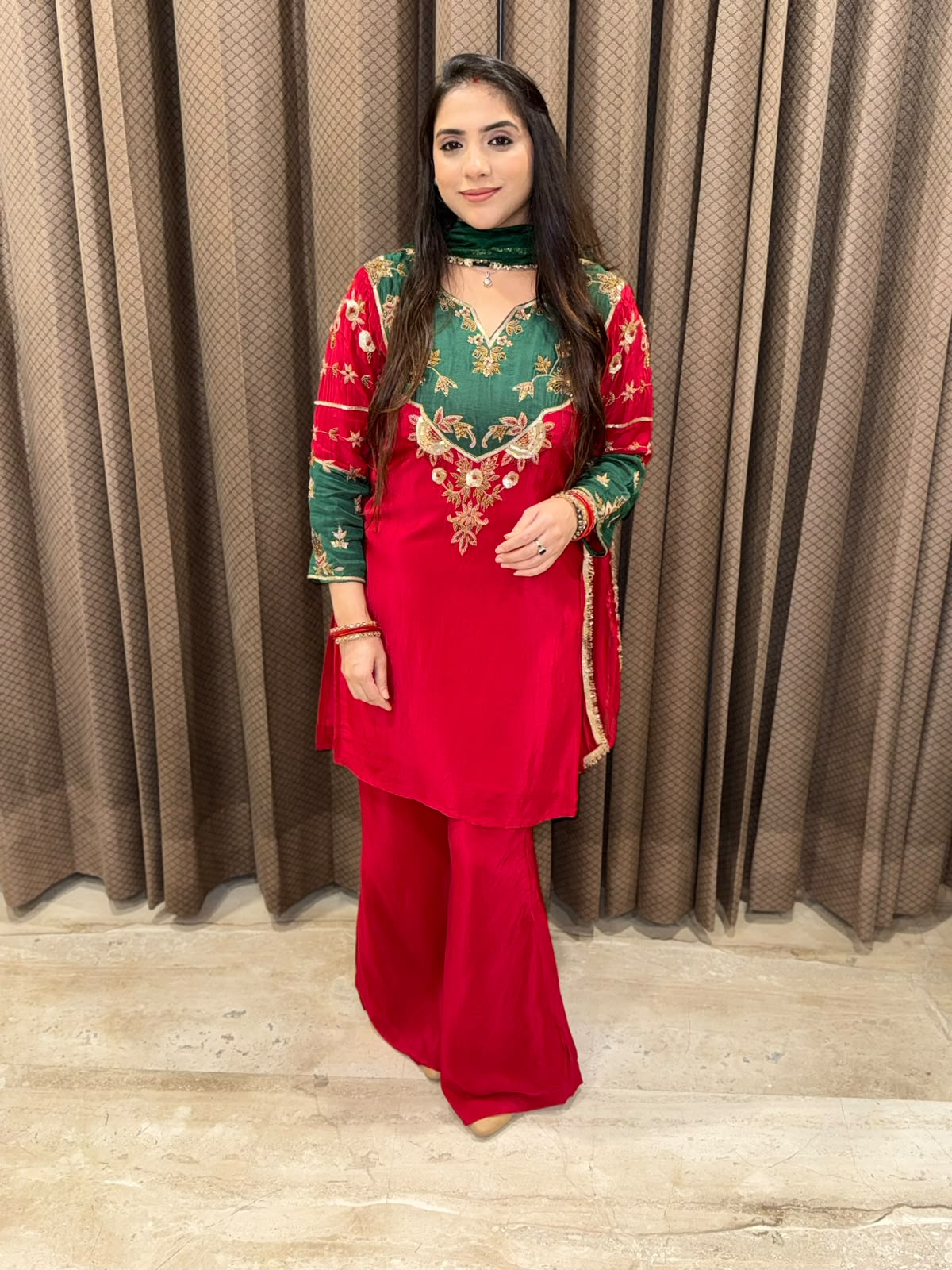 Red & Green Designer Plazoo set with ombre dupatta & handwork