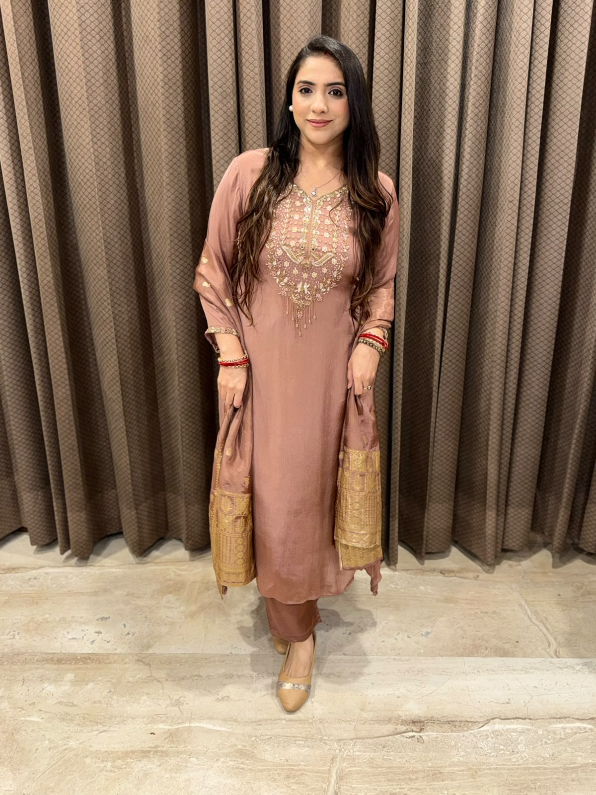 Brown Designer Anarkali with Crepe banarsi dupatta & Handwork