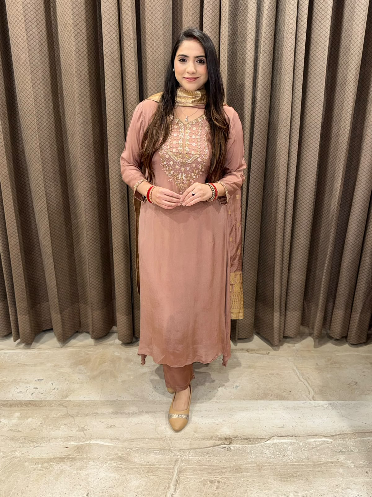 Brown Designer Anarkali with Crepe banarsi dupatta & Handwork