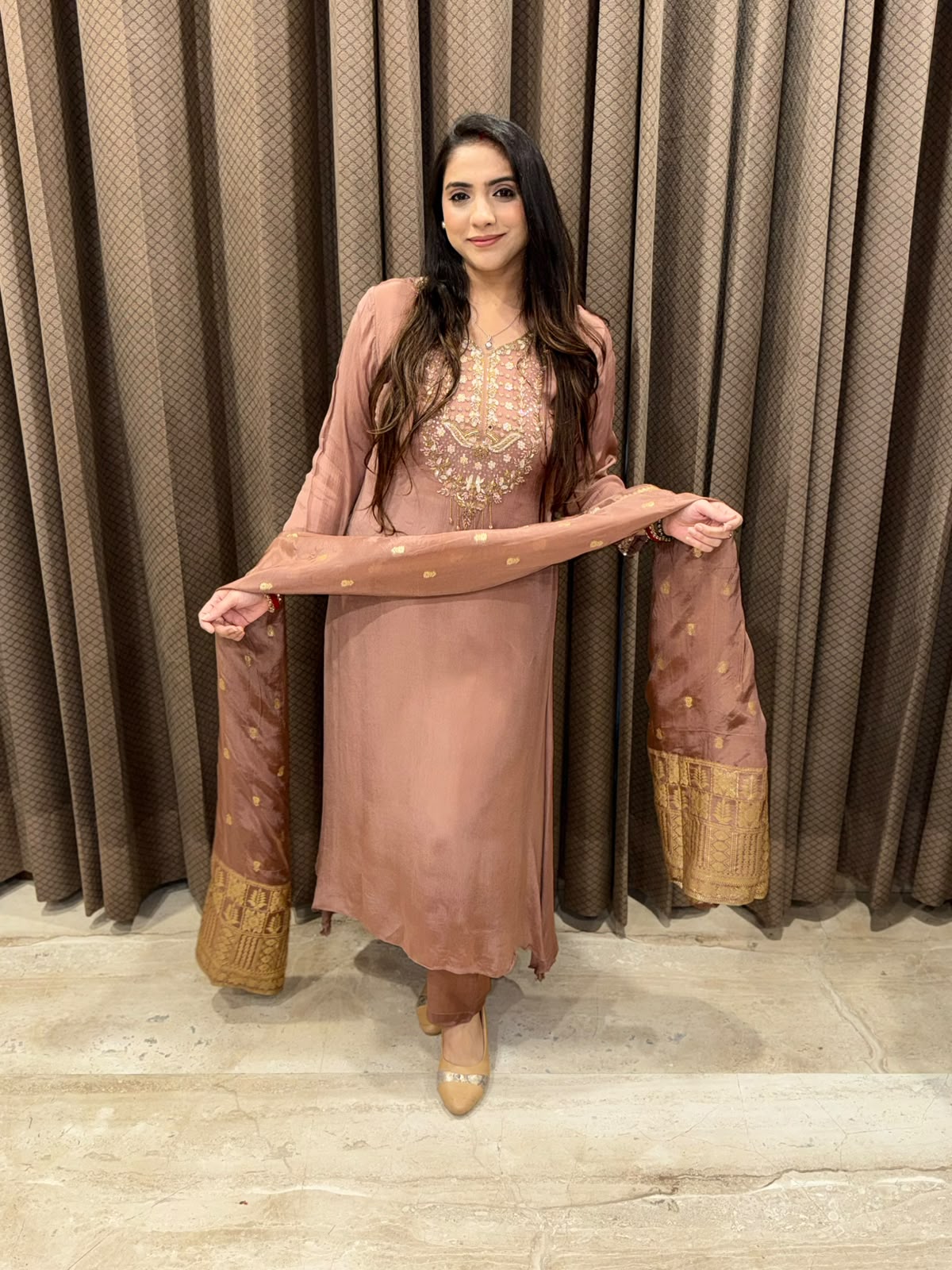 Brown Designer Anarkali with Crepe banarsi dupatta & Handwork