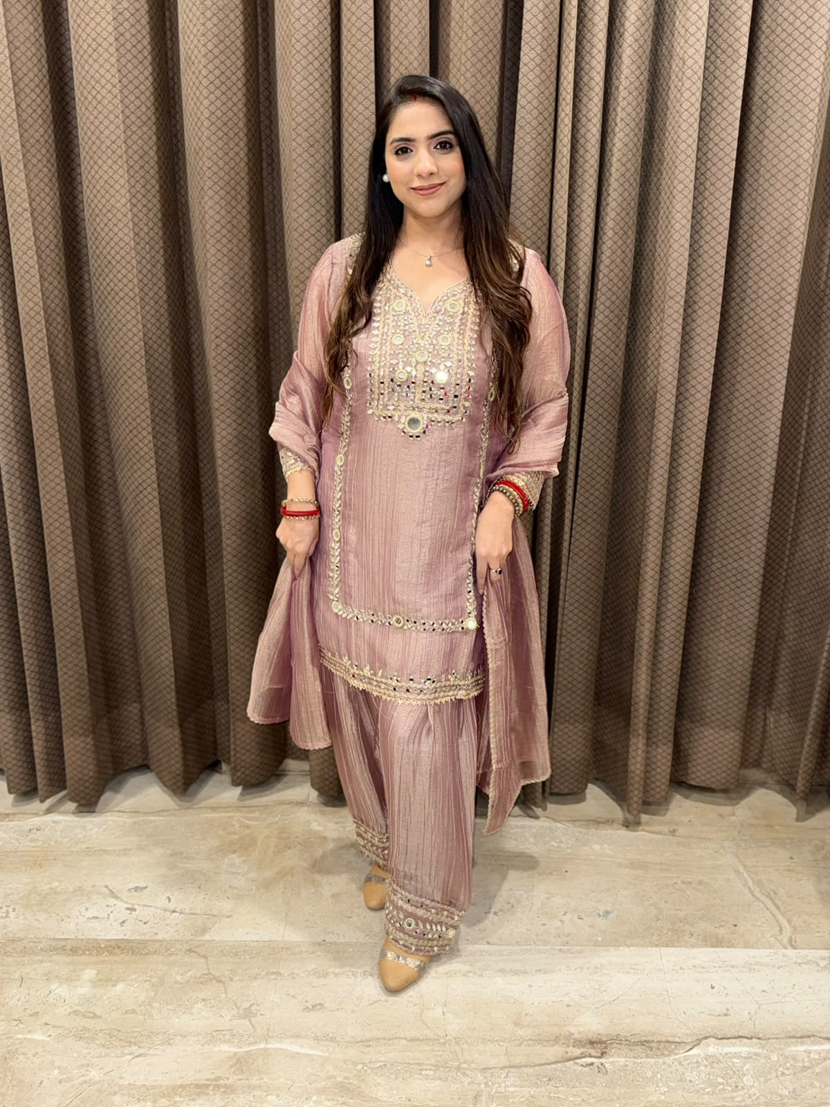 Rose gold designer Farshi set with miroor handwork with dupatta