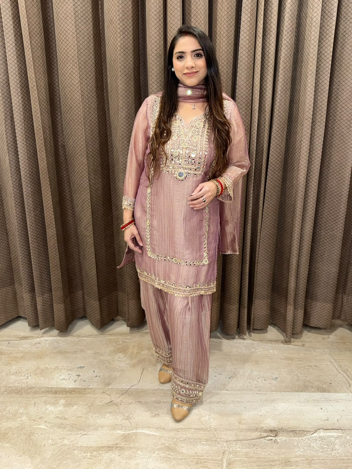 Rose gold designer Farshi set with miroor handwork with dupatta