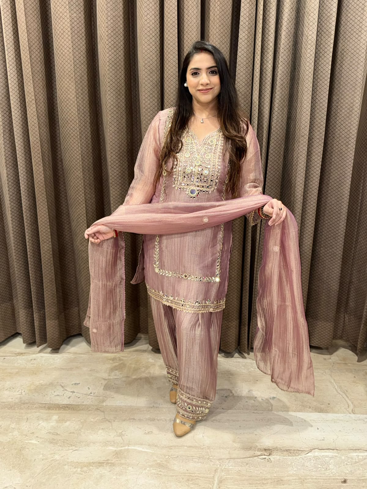 Rose gold designer Farshi set with miroor handwork with dupatta