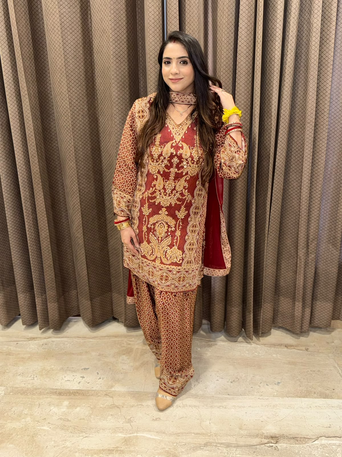 Designer Maroon Farshi set with handwork and tasseles