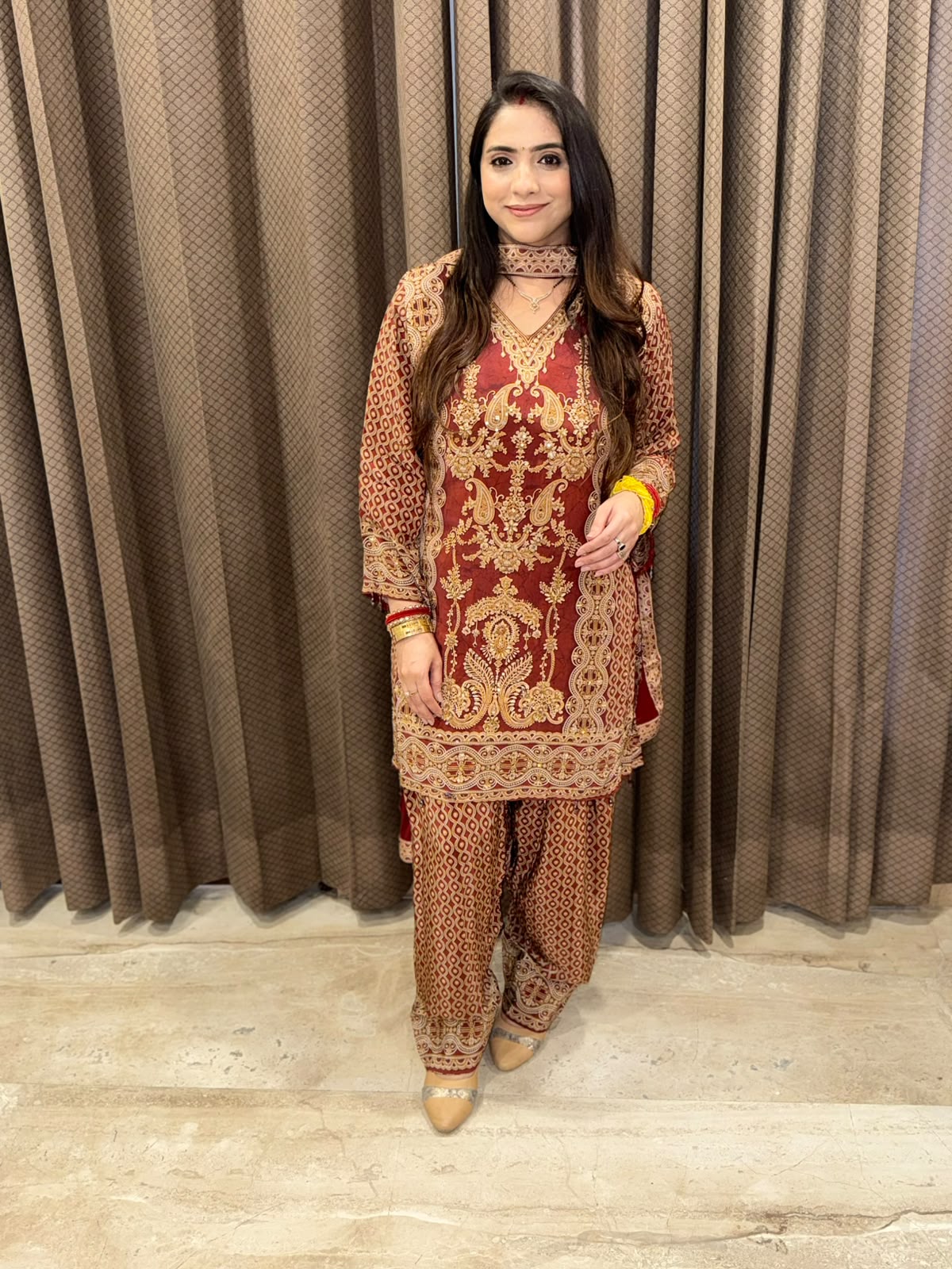 Designer Maroon Farshi set with handwork and tasseles