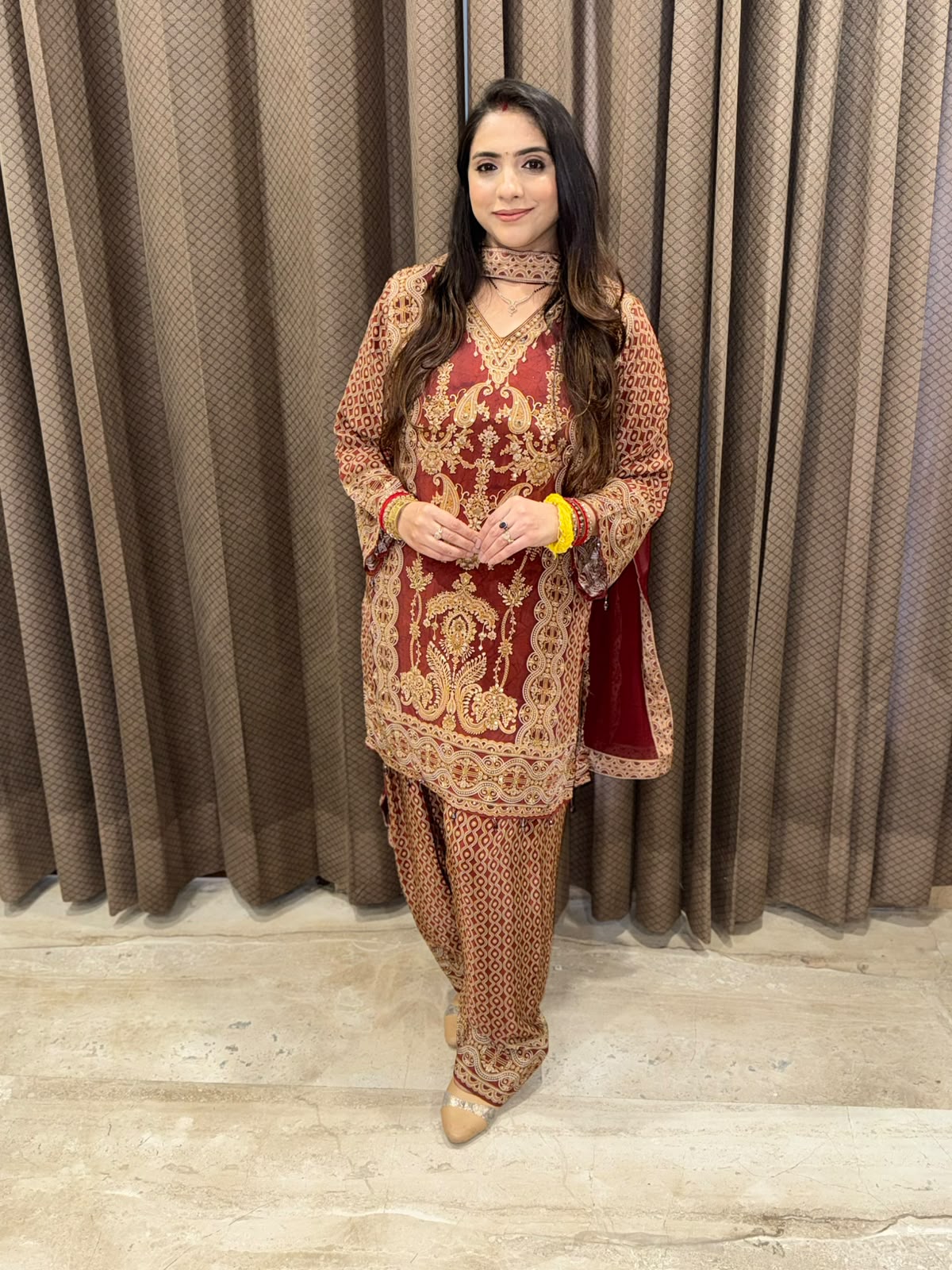 Designer Maroon Farshi set with handwork and tasseles
