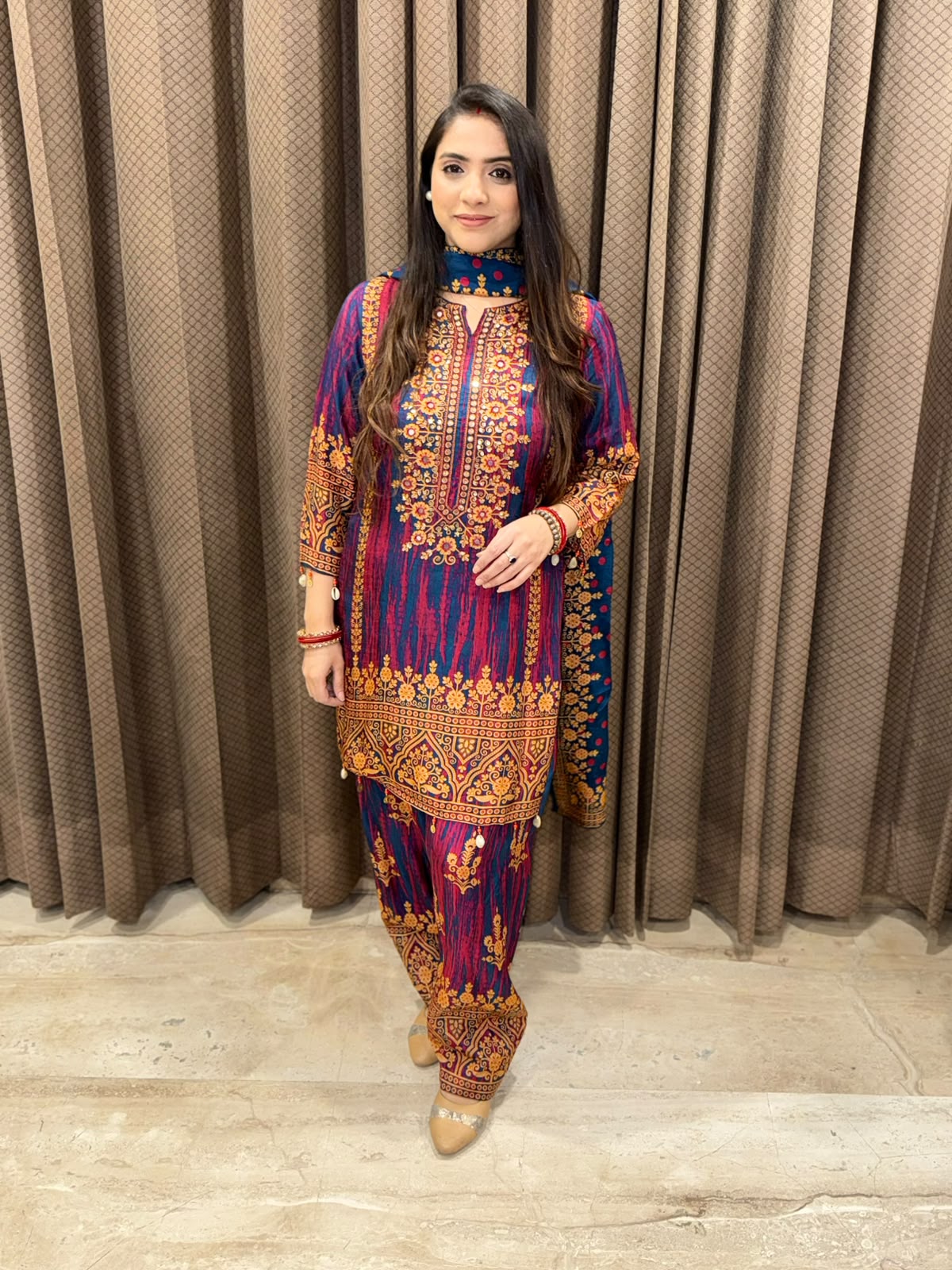 Blue Digital Farshi set with handwork & Contrast Dupatta