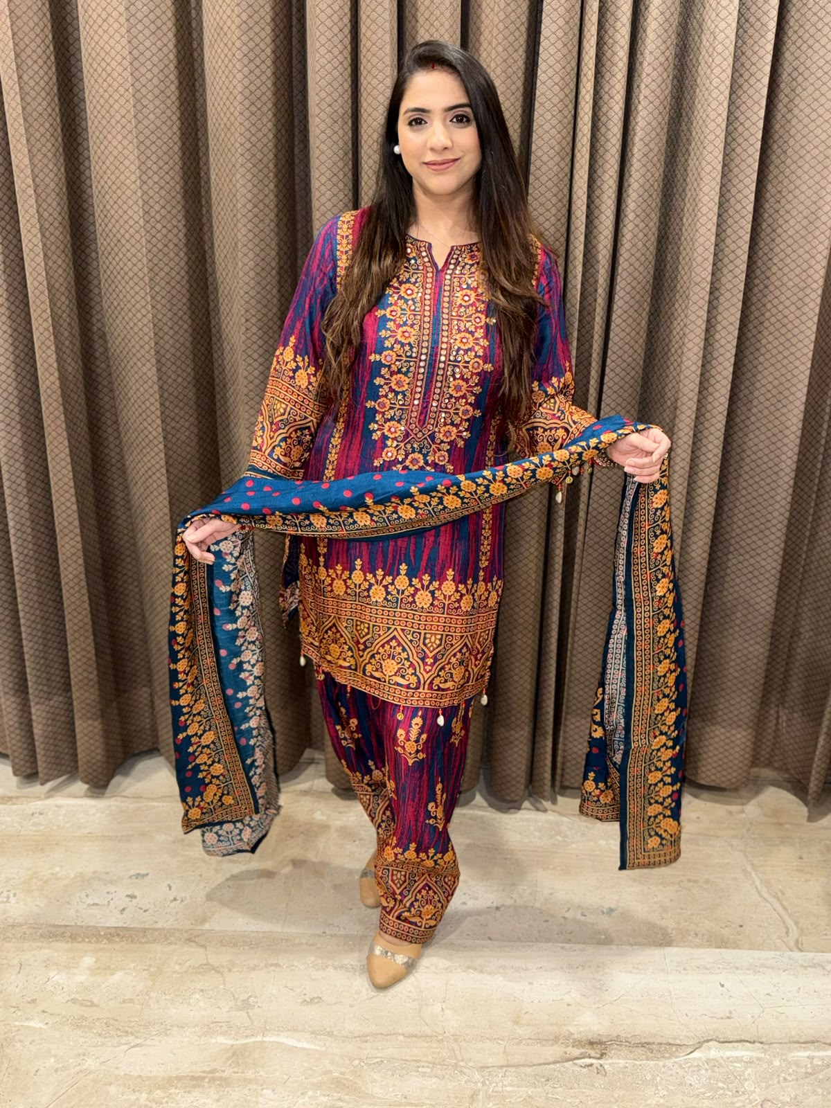 Blue Digital Farshi set with handwork & Contrast Dupatta