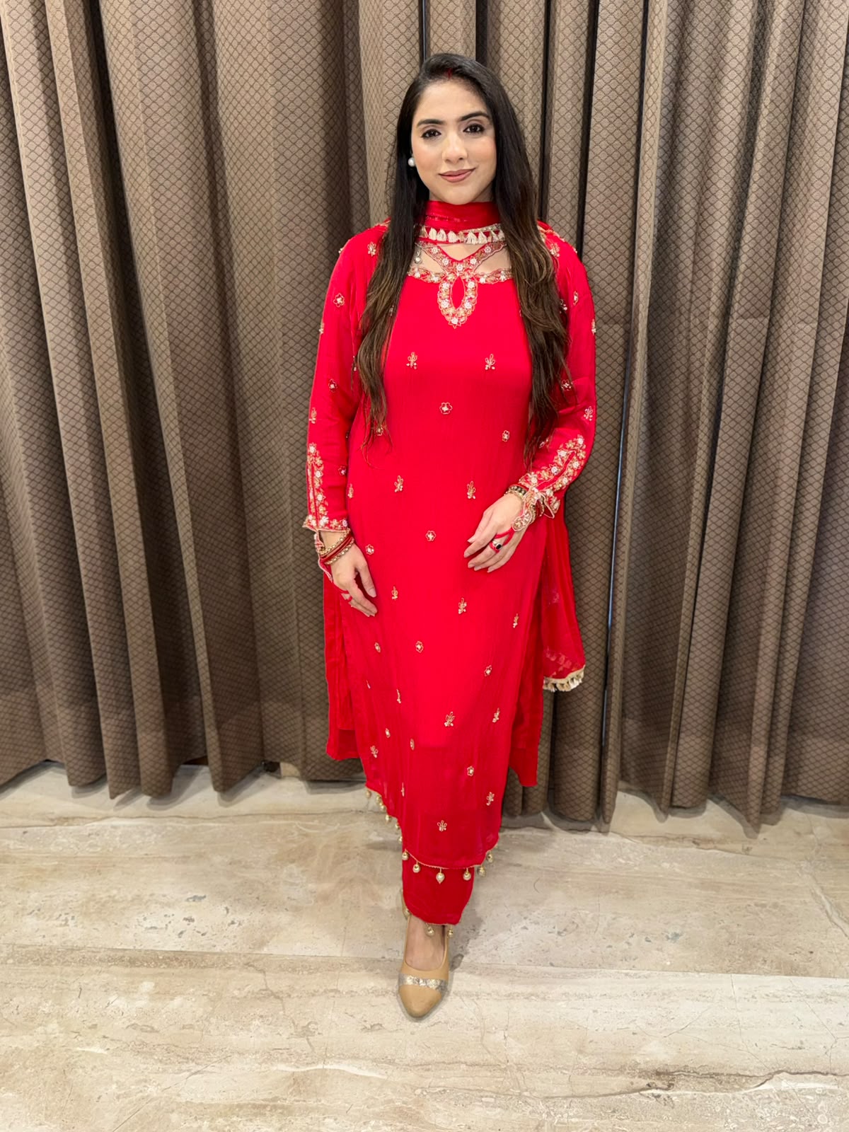 Red Straight suit with  Designer Style & handwork