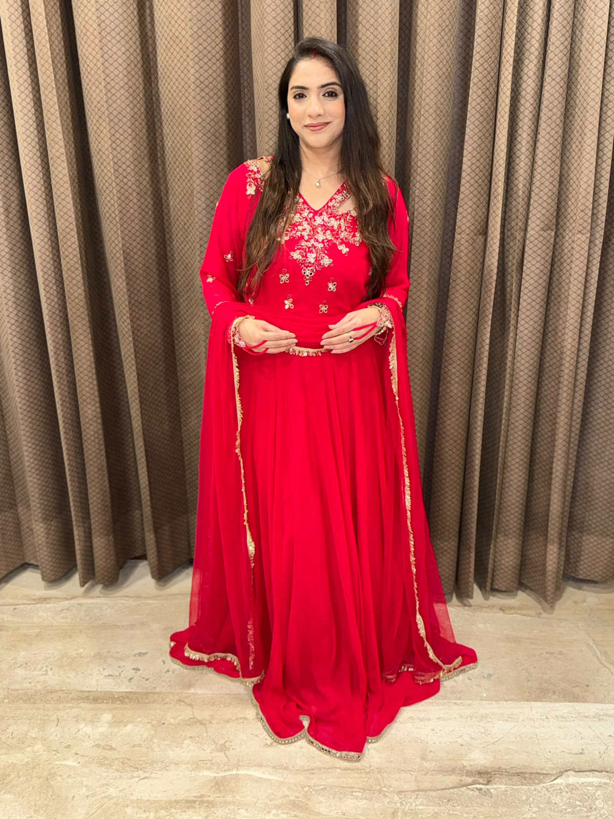 Red Anarkali suit with  Designer Sleeves, neck & handwork