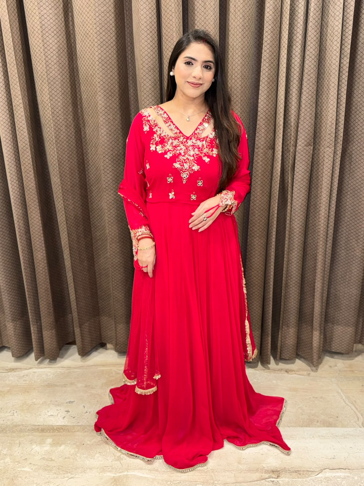 Red Anarkali suit with  Designer Sleeves, neck & handwork