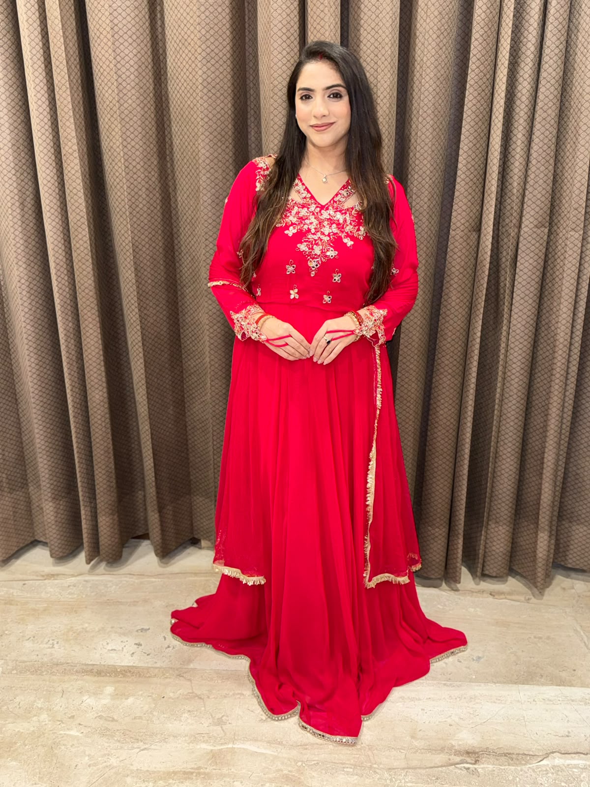 Red Anarkali suit with  Designer Sleeves, neck & handwork