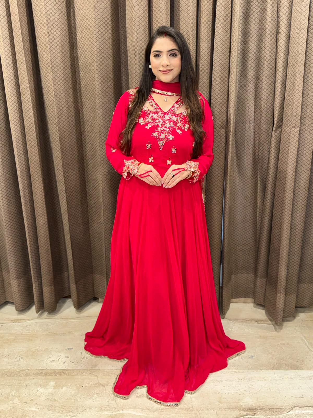 Red Anarkali suit with  Designer Sleeves, neck & handwork
