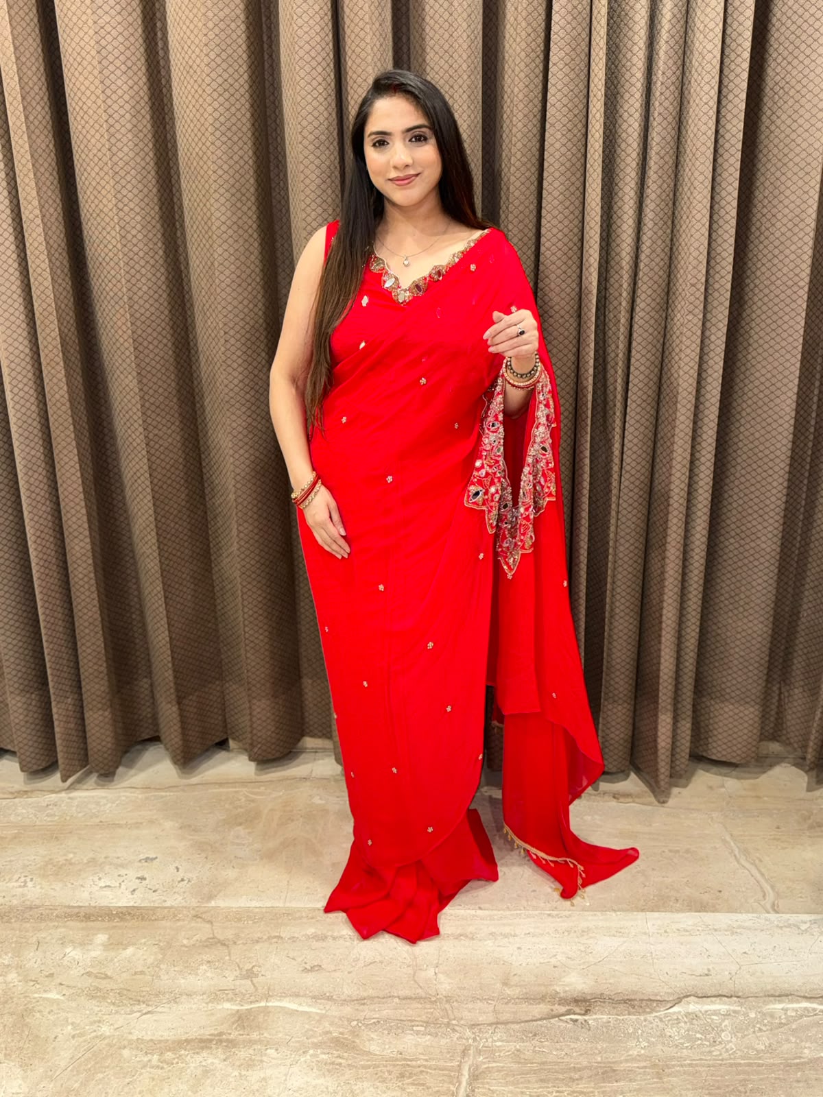 Red designer Drape Saree  with Indowestern style & handwork
