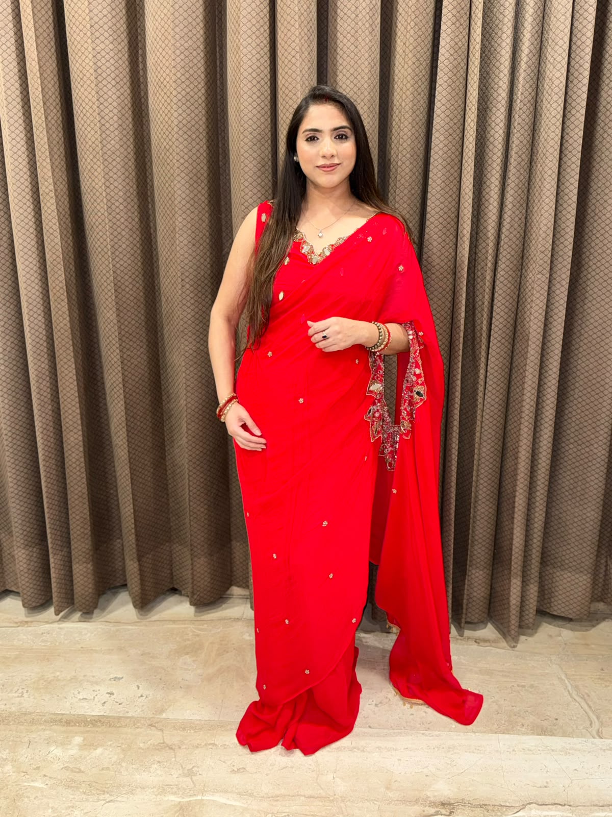 Red designer Drape Saree  with Indowestern style & handwork