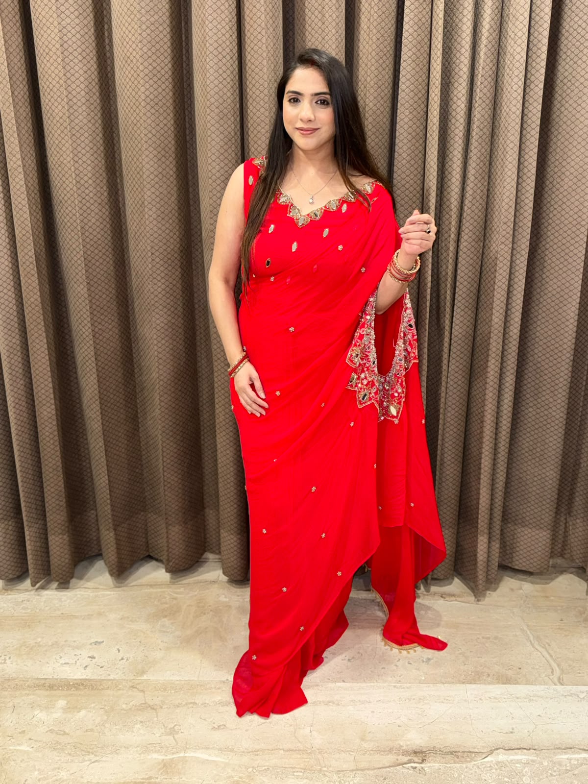 Red designer Drape Saree  with Indowestern style & handwork
