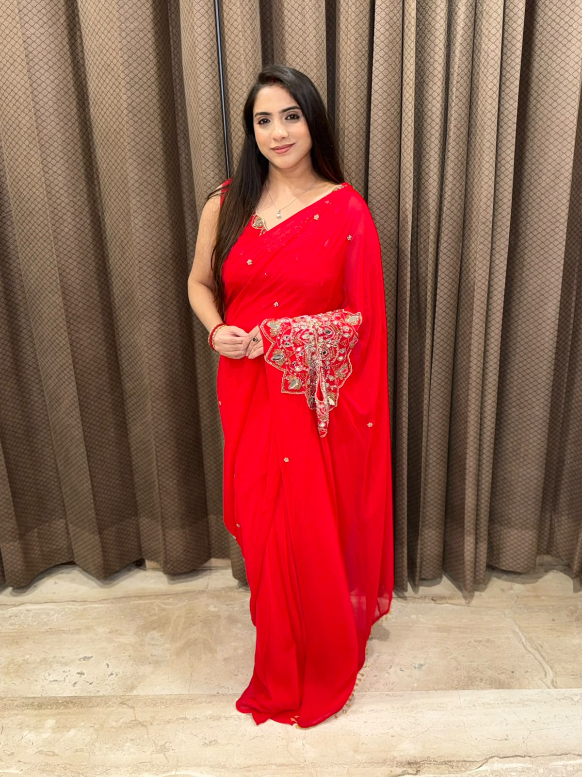 Red designer Drape Saree  with Indowestern style & handwork