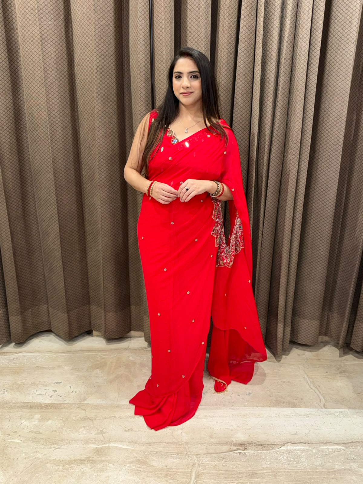 Red designer Drape Saree  with Indowestern style & handwork