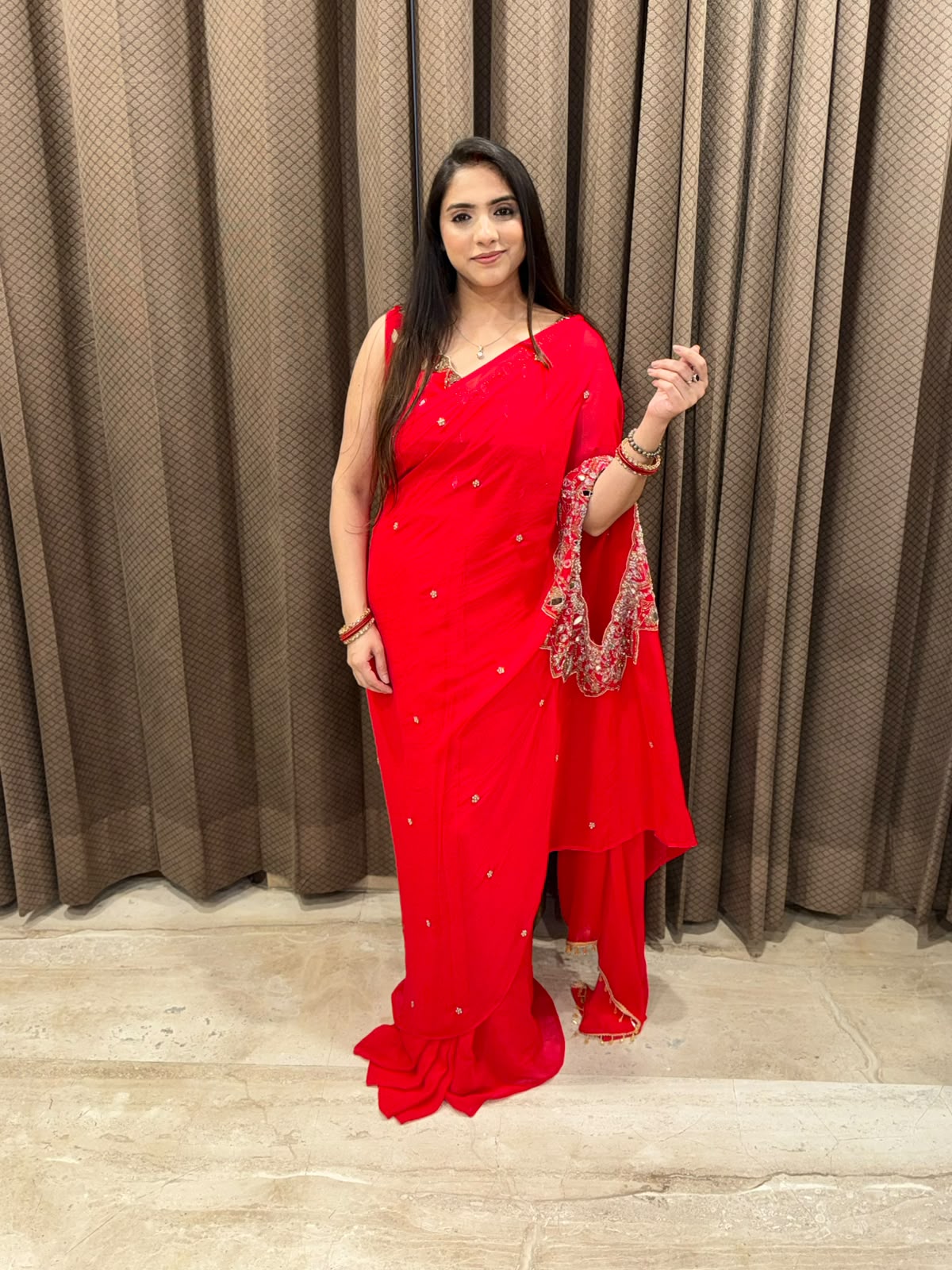 Red designer Drape Saree  with Indowestern style & handwork