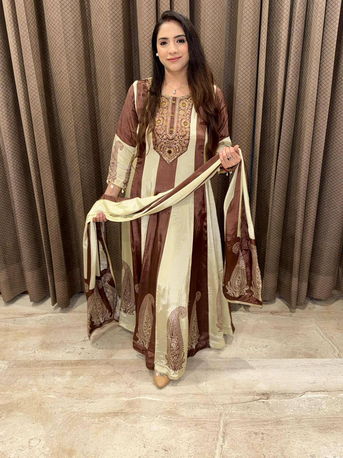 Brown Digital Anarkali set with handwork