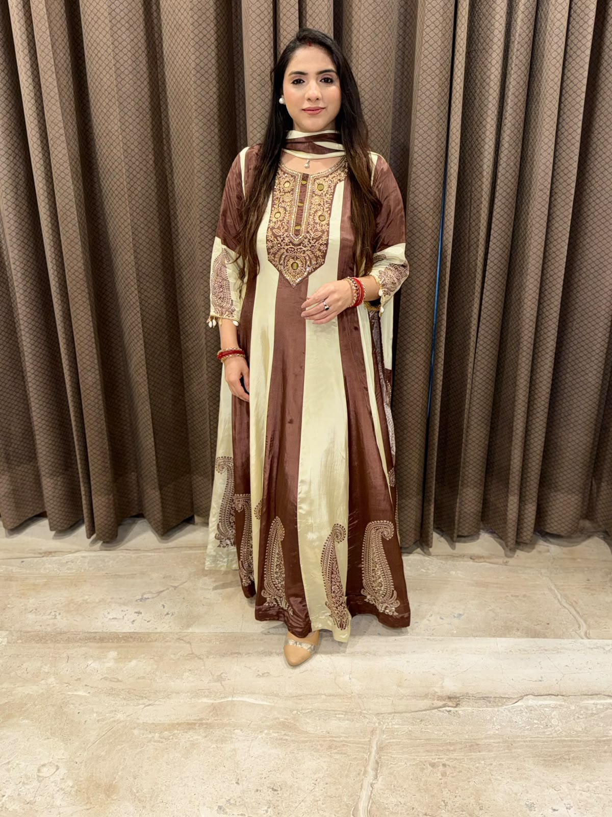 Brown Digital Anarkali set with handwork
