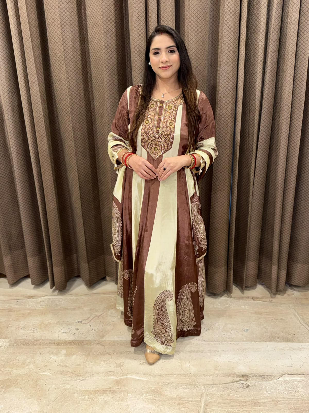 Brown Digital Anarkali set with handwork