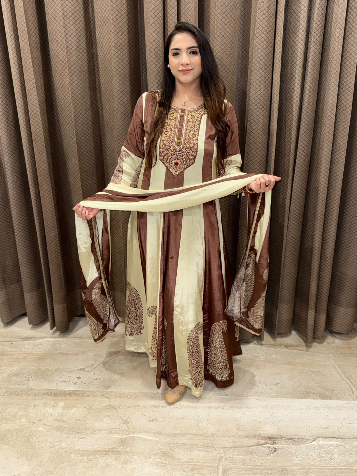 Brown Digital Anarkali set with handwork