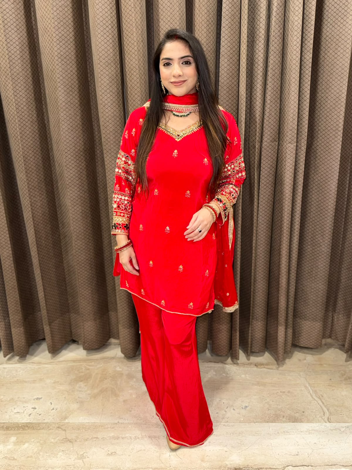 Designer Red Plazoo set with dupatta and kundan handwork