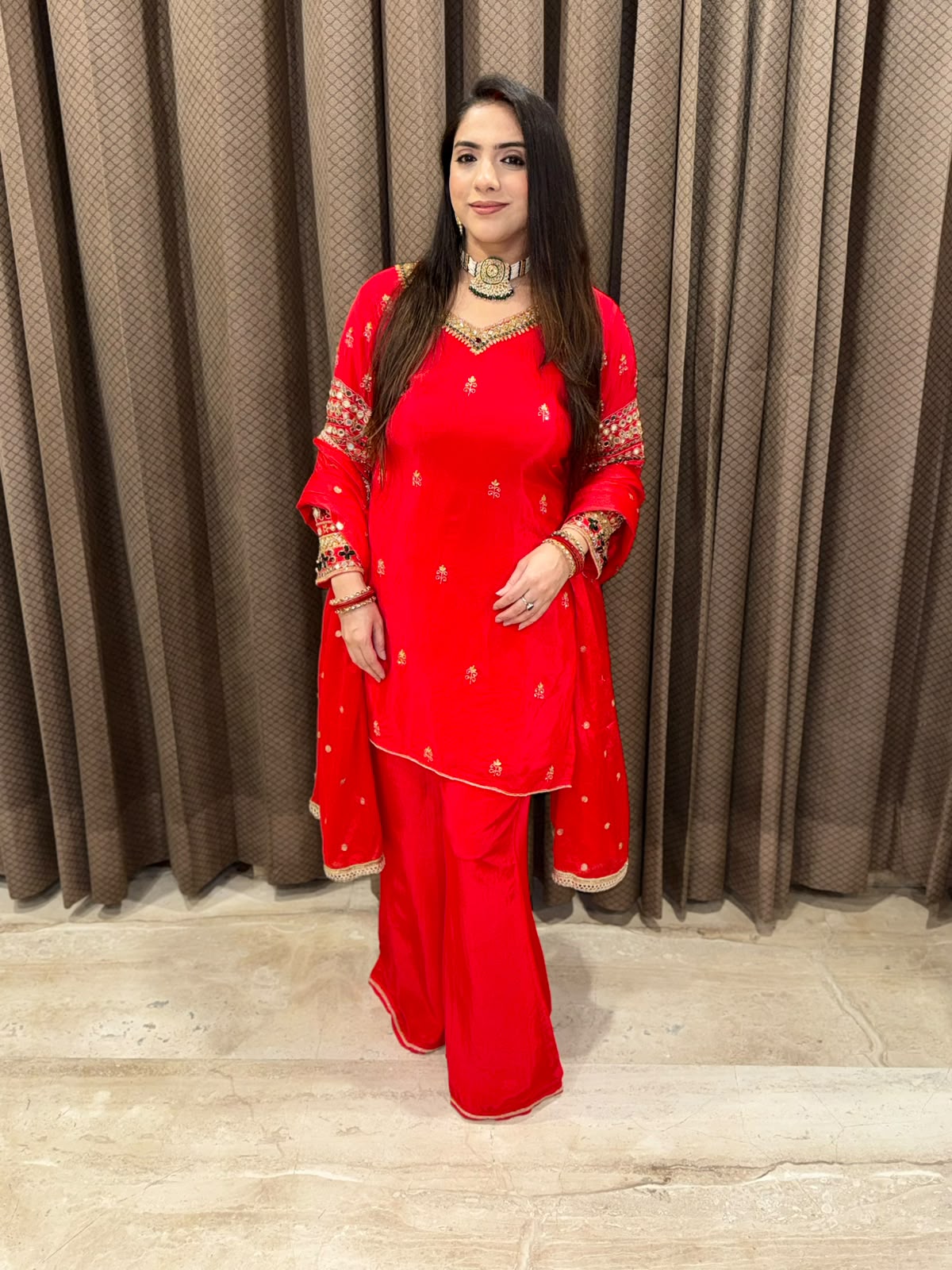 Designer Red Plazoo set with dupatta and kundan handwork