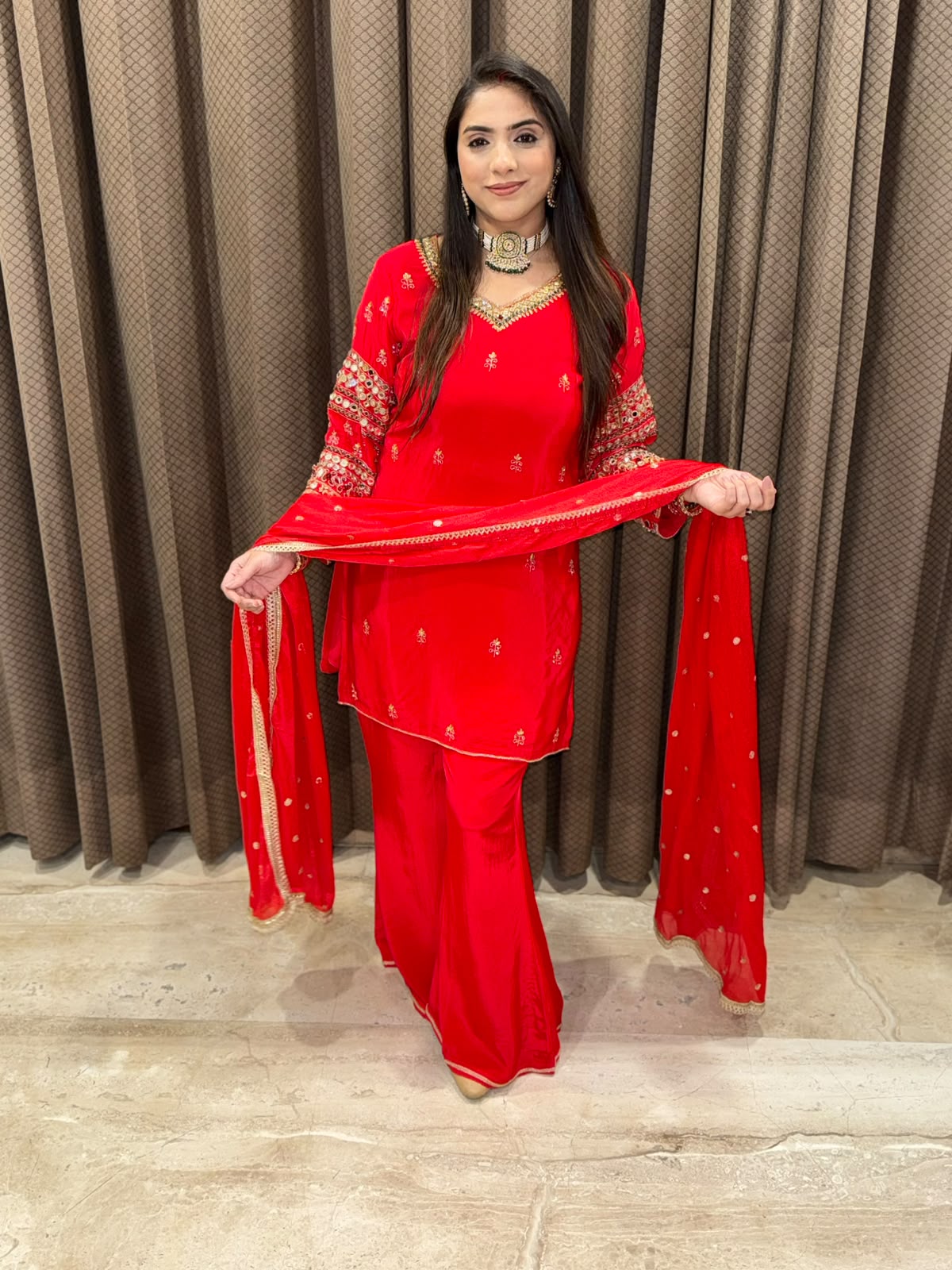 Designer Red Plazoo set with dupatta and kundan handwork