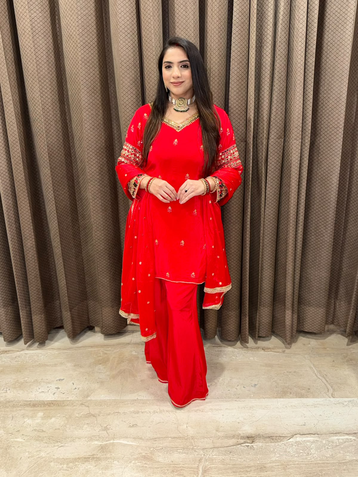 Designer Red Plazoo set with dupatta and kundan handwork