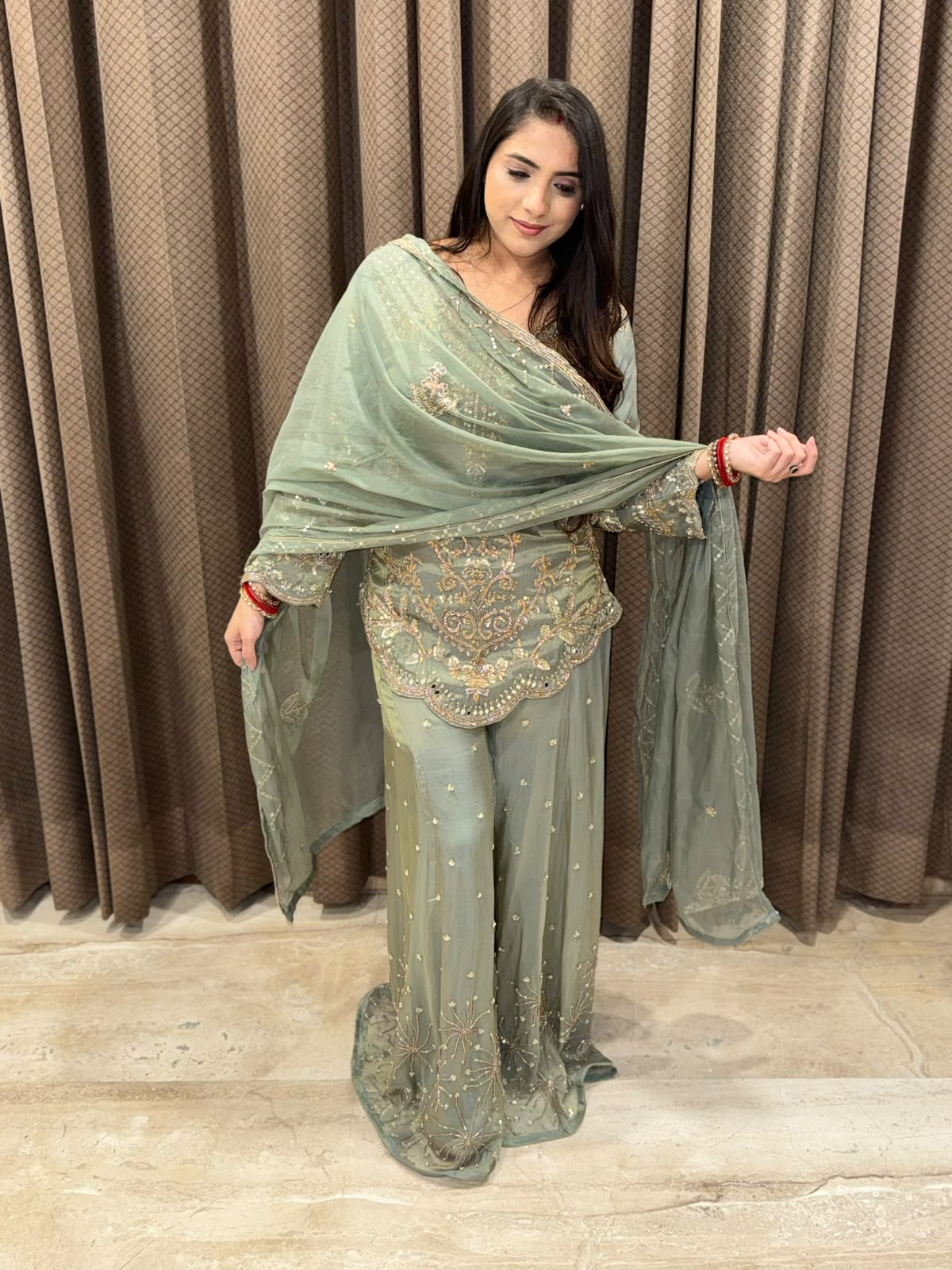 Designer Green Indowestern Set with handwork