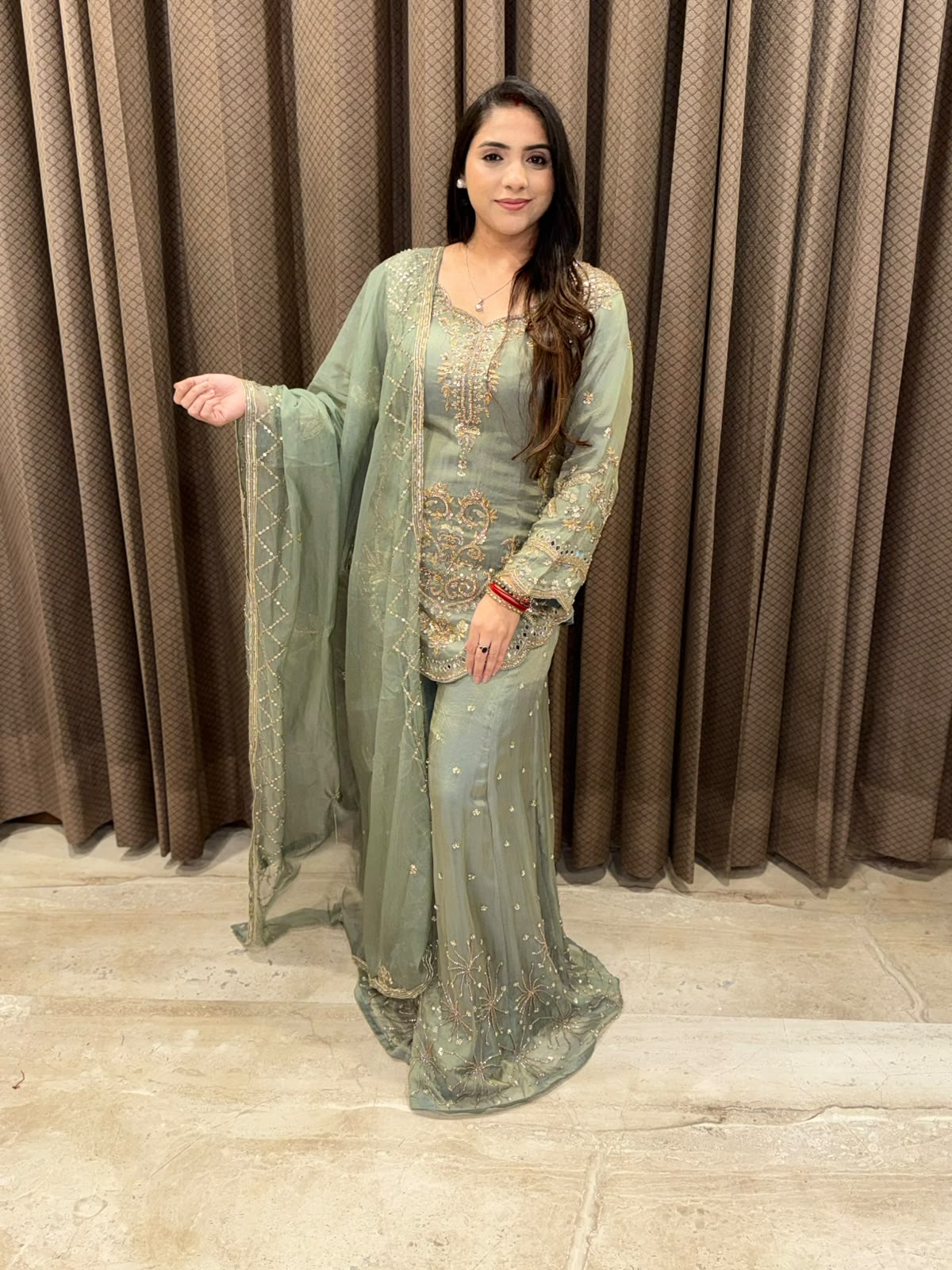Designer Green Indowestern Set with handwork