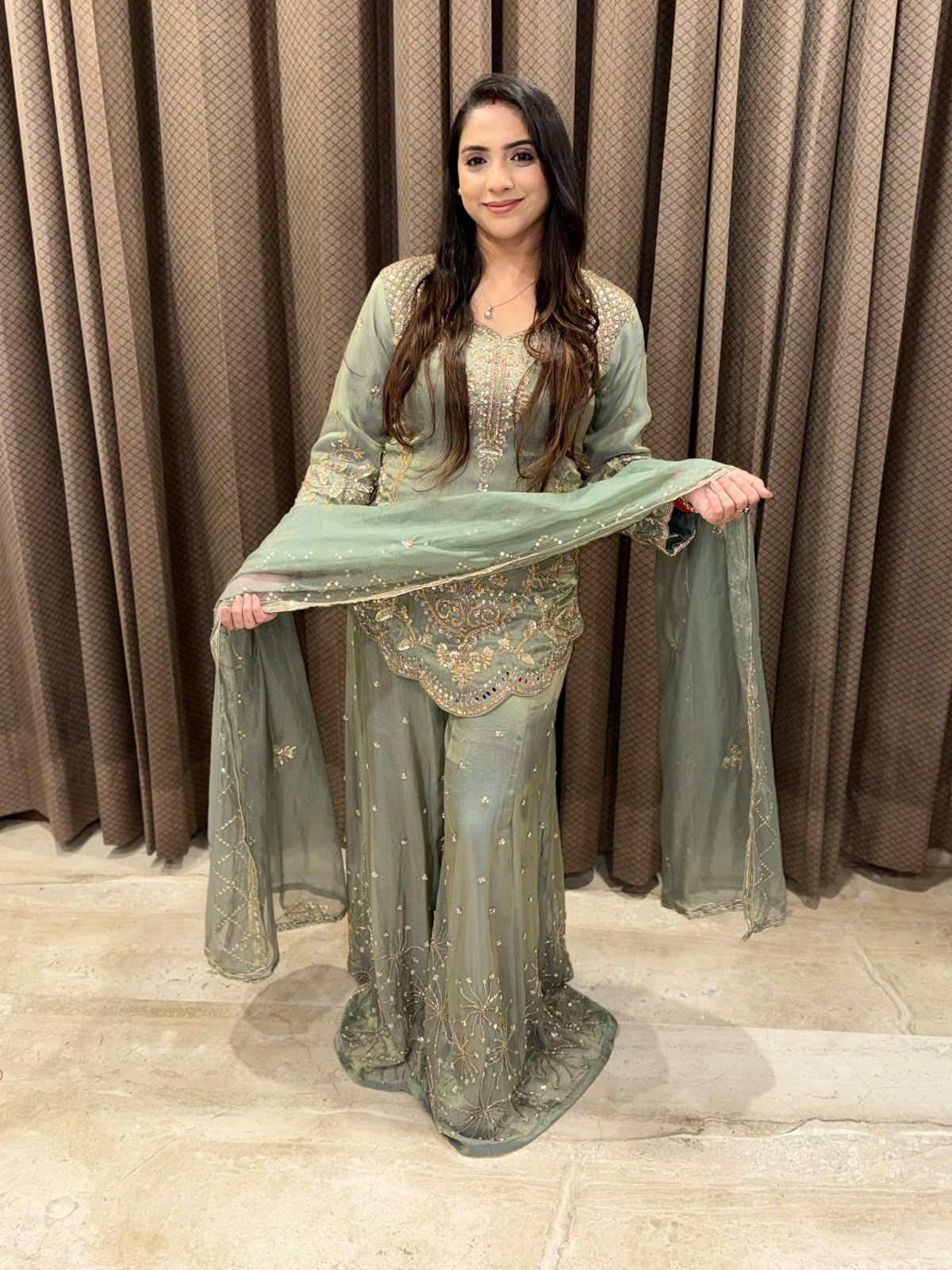 Designer Green Indowestern Set with handwork