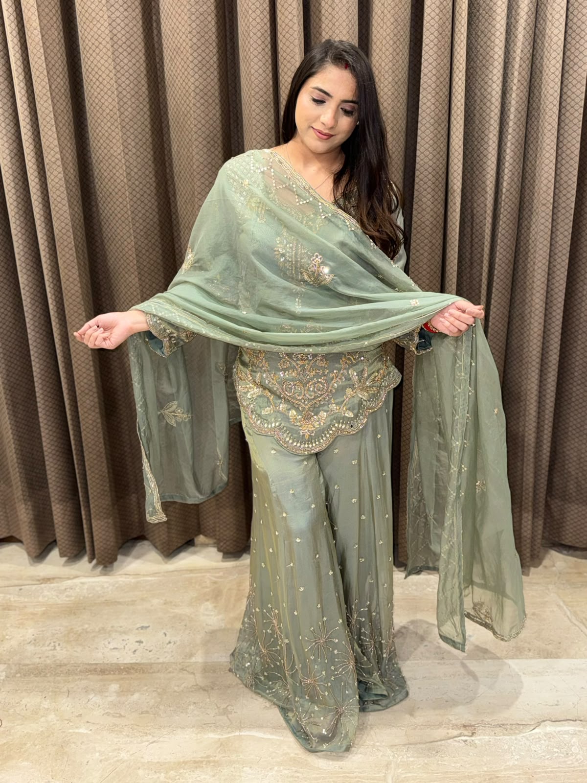 Designer Green Indowestern Set with handwork