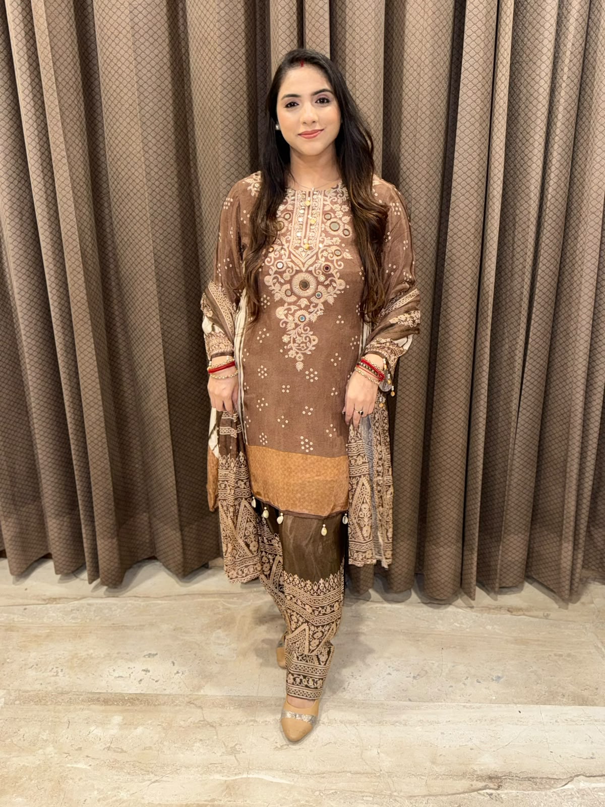Designer Brown C-Cut Digital Print Farshi set with handwork