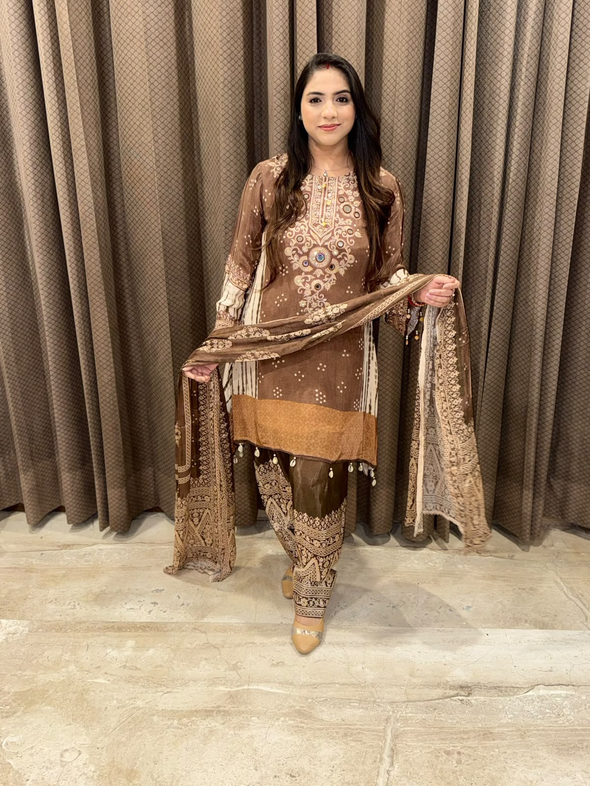 Designer Brown C-Cut Digital Print Farshi set with handwork