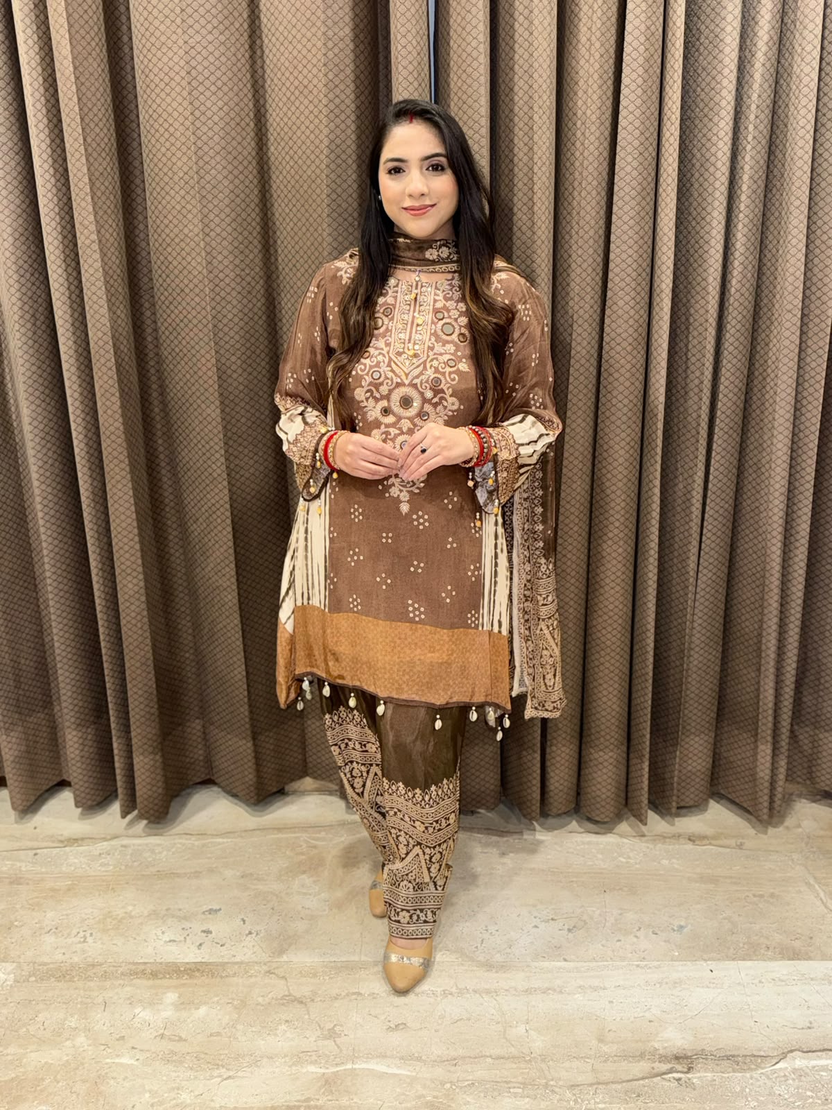 Designer Brown C-Cut Digital Print Farshi set with handwork