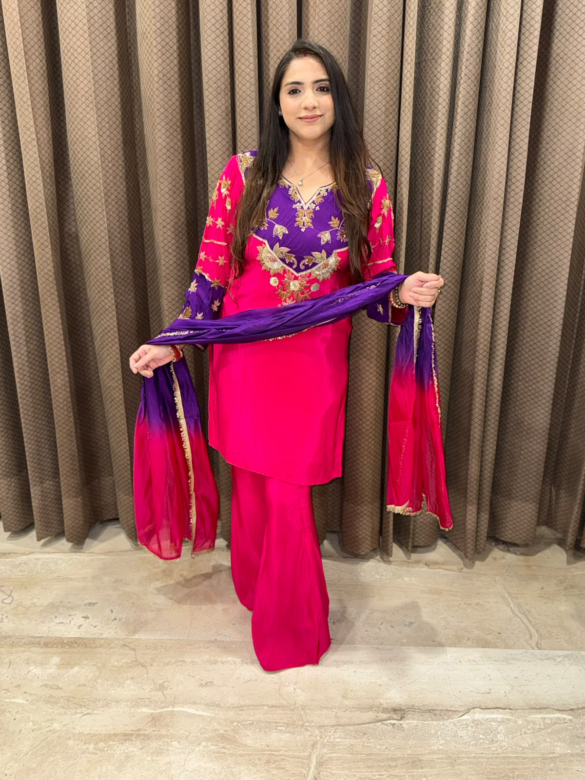 Pink & Purple Designer Plazoo set with ombre dupatta & handwork