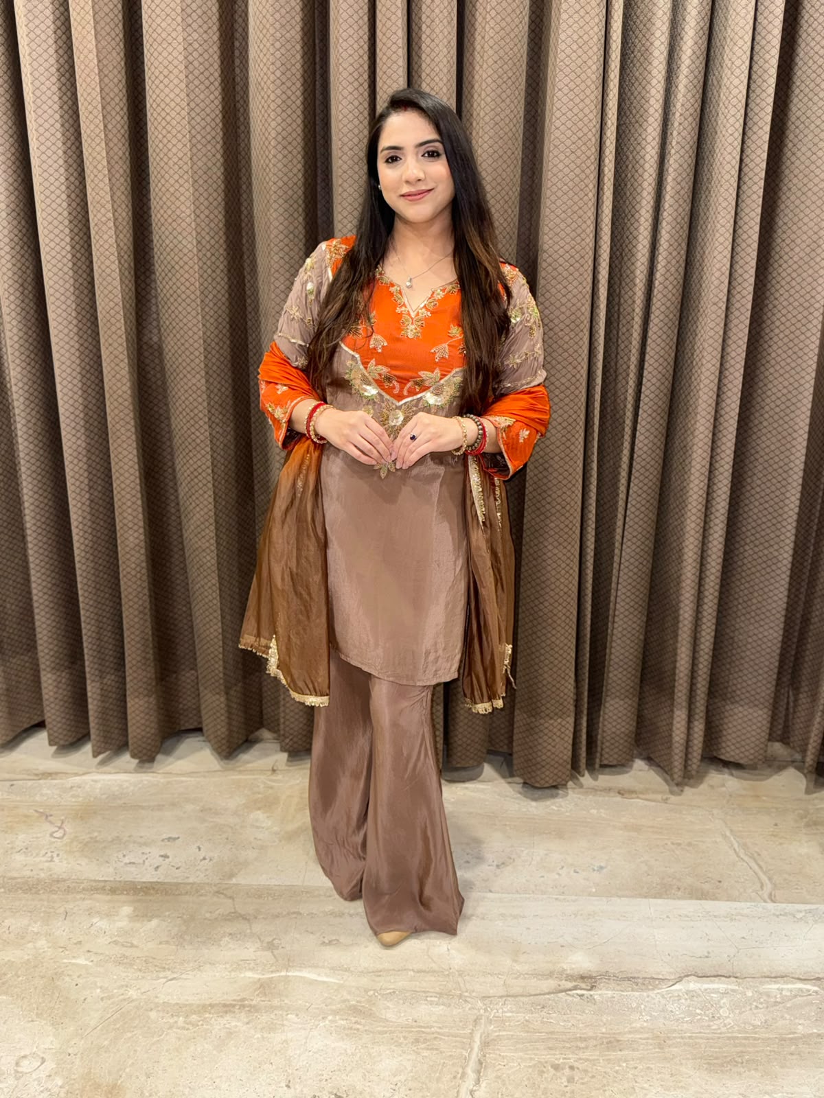 Brown & Orange Designer Plazoo set with ombre dupatta & handwork