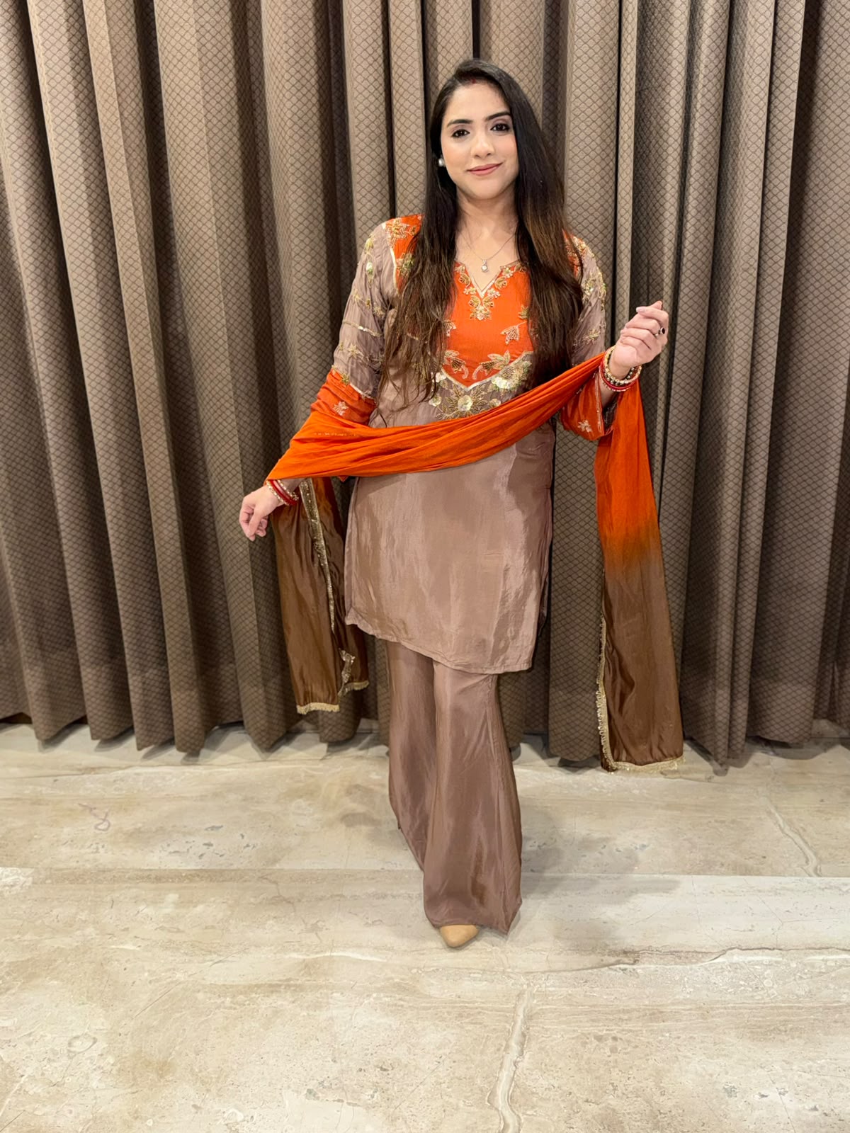 Brown & Orange Designer Plazoo set with ombre dupatta & handwork