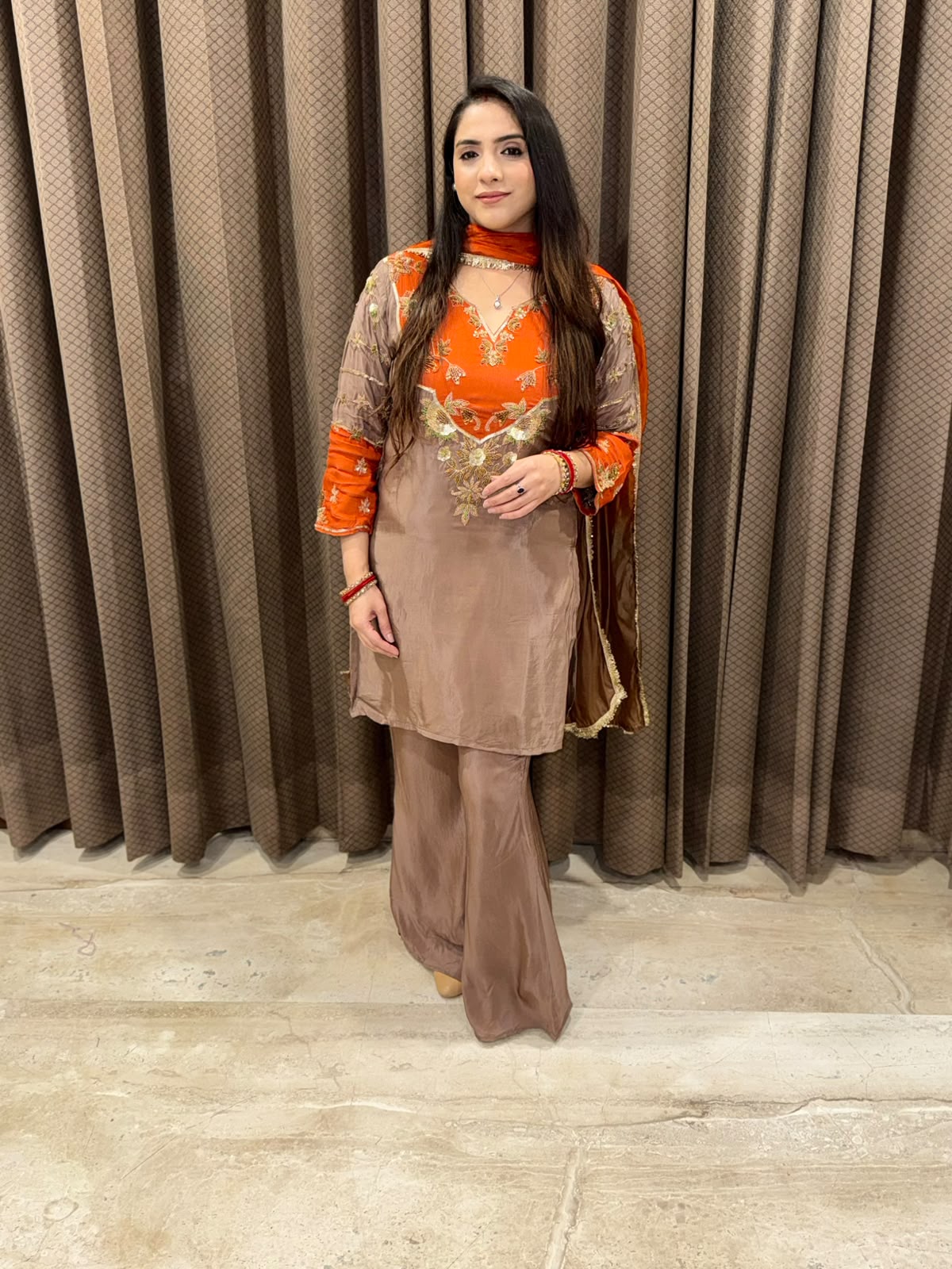 Brown & Orange Designer Plazoo set with ombre dupatta & handwork