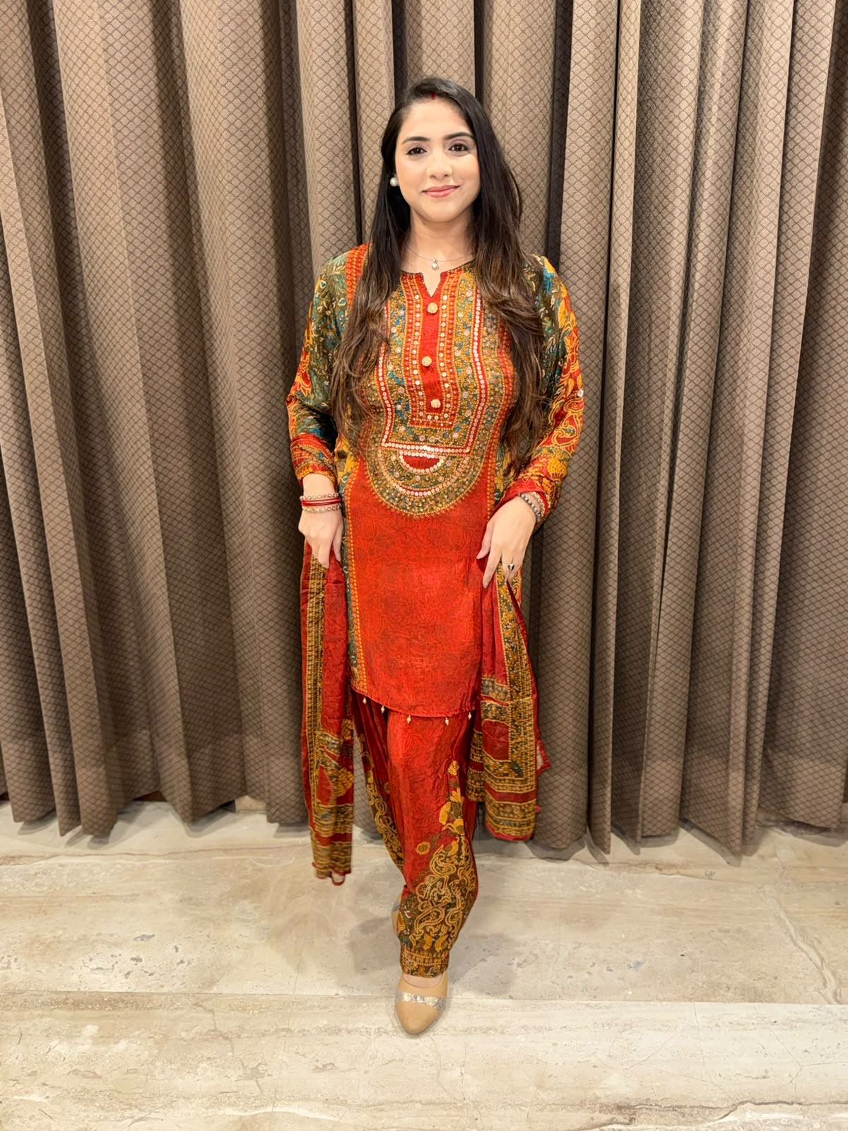 Rust Designer Digital Farshi Set with handwork